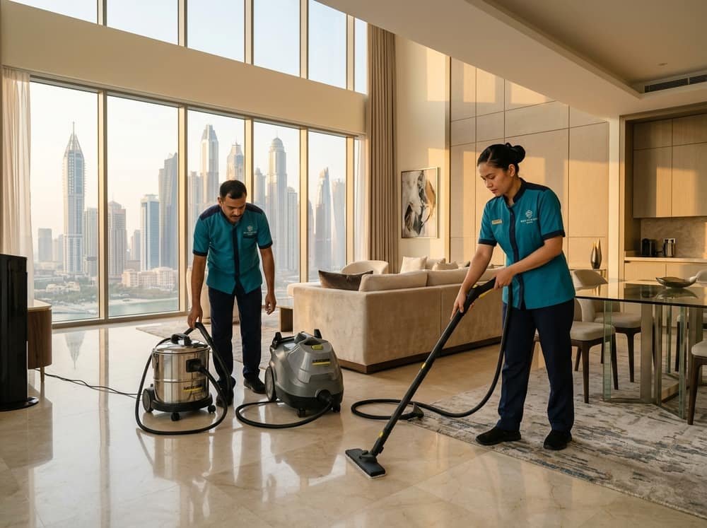 Professional Uniformed Cleaning Specialists using Advanced German Steam Extractors in Luxury Dubai Penthouse