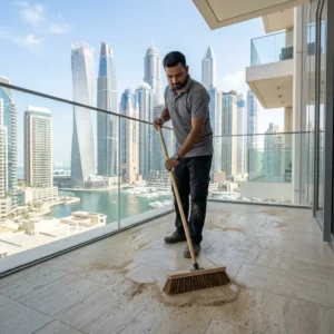 Professional cleaner sweeping desert sand off balcony tiles and glass