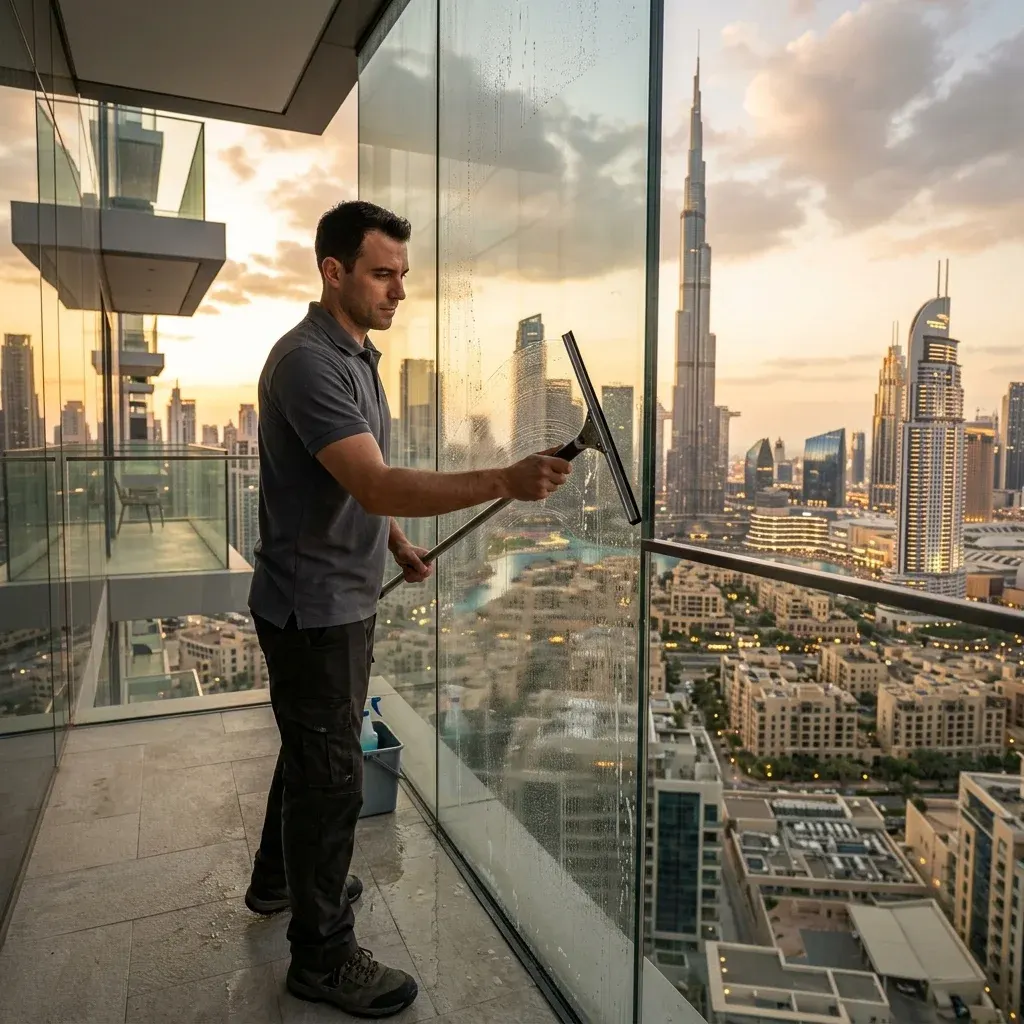 Professional window cleaner squeegeeing panoramic glass windows in a high-rise Dubai apartment