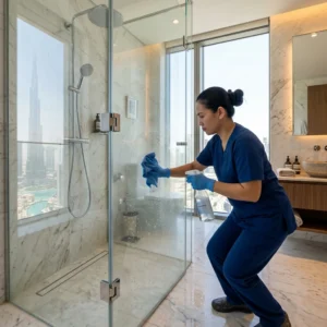 Professional bathroom cleaner scrubbing shower glass panels with descaling sponge