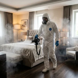 Professional technician bio-fogging a modern bedroom with sanitizing mist