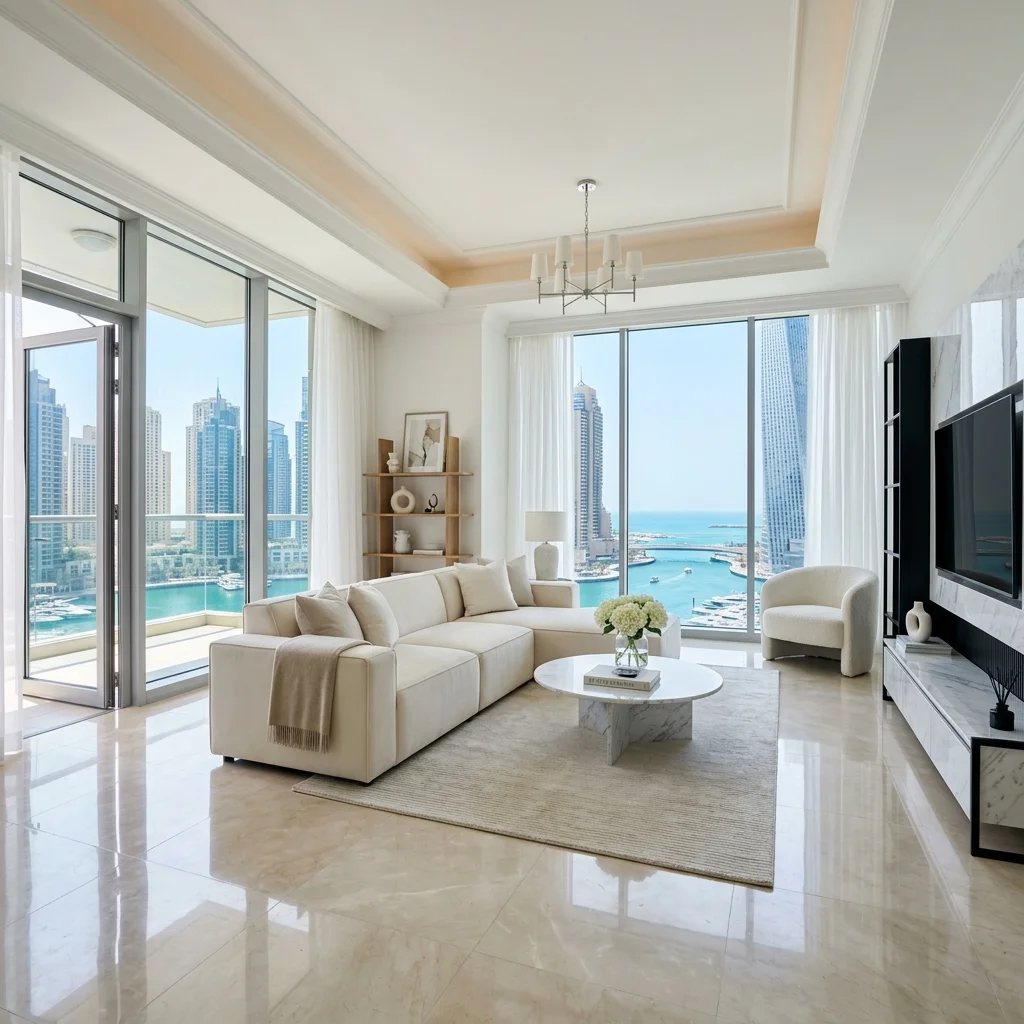 Professional apartment cleaner standing in a bright spotless living room after cleaning completion