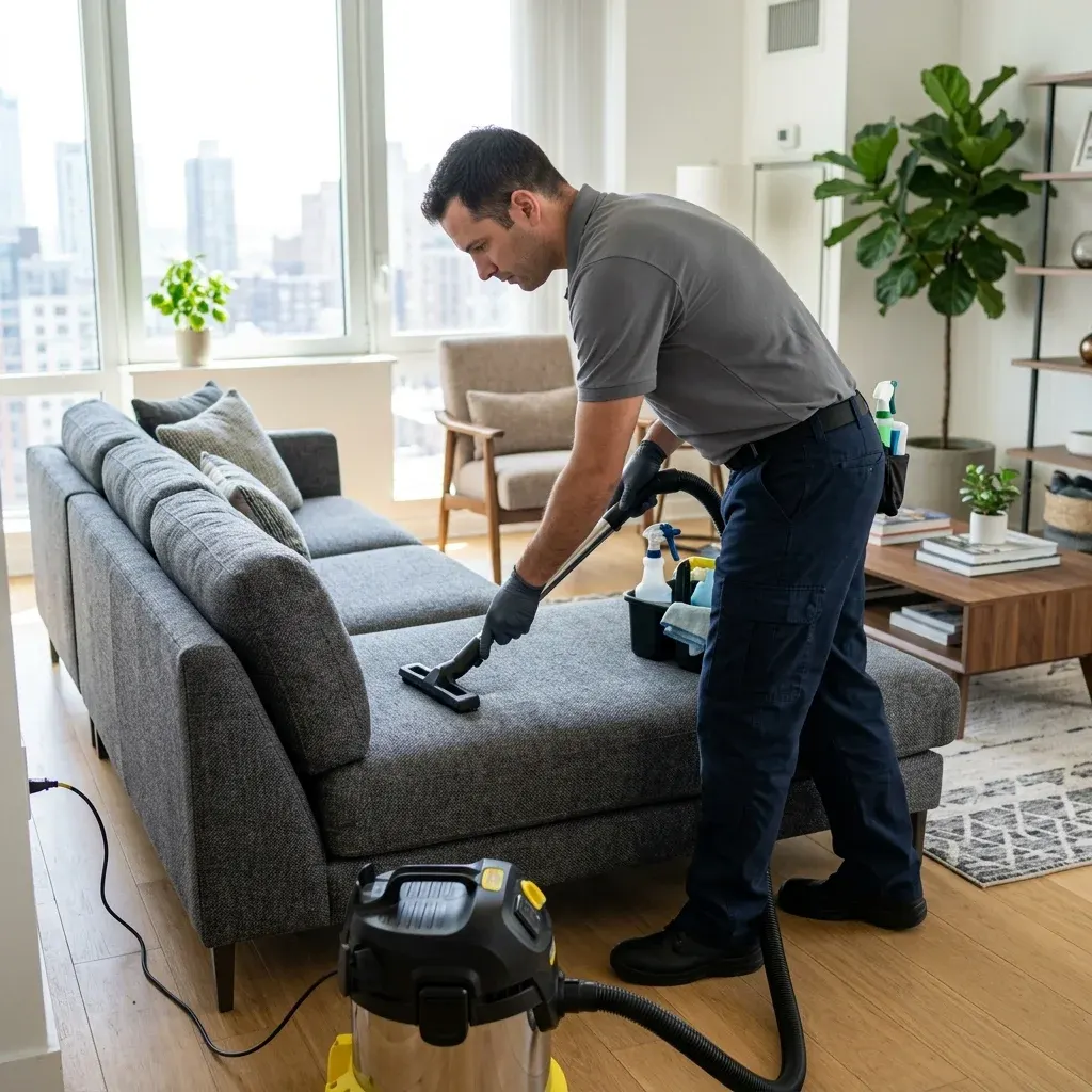 Professional cleaner vacuuming a grey couch in a bright luxury apartment living room in Dubai