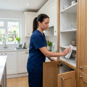 Professional cleaner wiping inside empty kitchen overhead wooden cabinets
