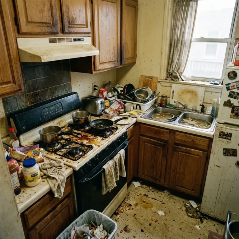 Dusty apartment kitchen and living room with sand on the floor before deep cleaning