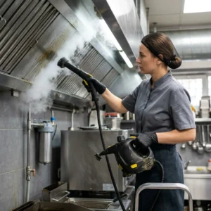 Professional kitchen cleaner detailing stove vents with steam extraction