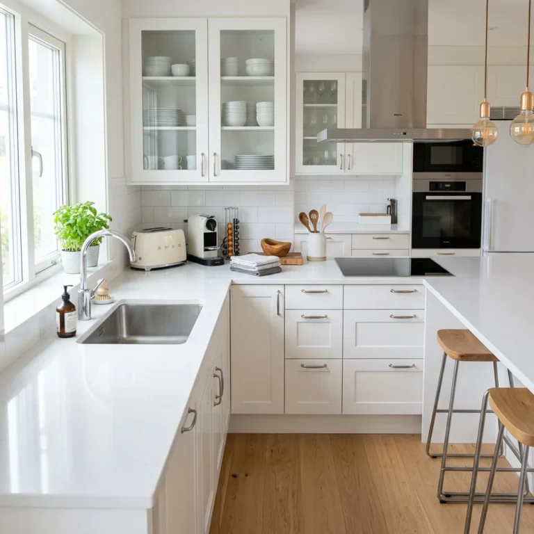 Prisintely clean luxury apartment kitchen and tidy living room after deep cleaning