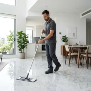 Professional floor specialist using a flat mop to clean marble apartment floors