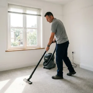 Professional cleaner vacuuming empty apartment rooms before move-in