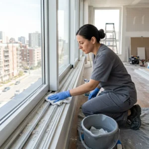 Professional cleaner wiping plaster residues and paint splatters from window frame runners