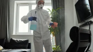 Professional cleaner spraying fiber protector spray on freshly cleaned rug