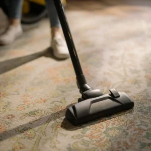 Professional cleaner detailing high pile shag rug with vacuum extractor showing white fibers