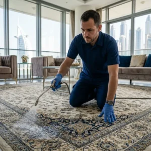 Professional technician spraying pet urine odor neutralizer onto a rug