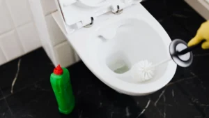 Professional bathroom cleaner scrubbing mold from tile grouting with a detailed brush