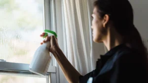 Professional cleaner in face mask wiping fine white post-construction silica dust from baseboards