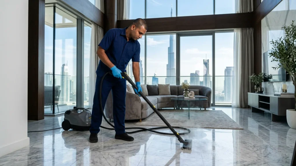 Professional cleaning technician deep cleaning a luxury living room in Dubai