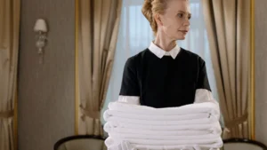Professional cleaner dusting ceiling grilles and wardrobes with a microfiber cloth