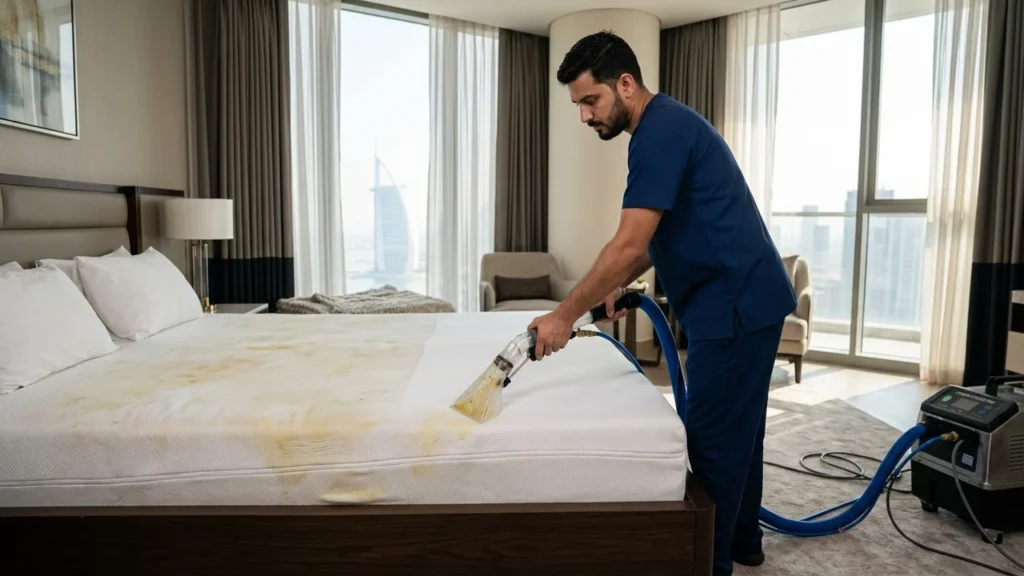 Professional mattress sanitization specialist cleaning master bed with high pressure steam in Dubai