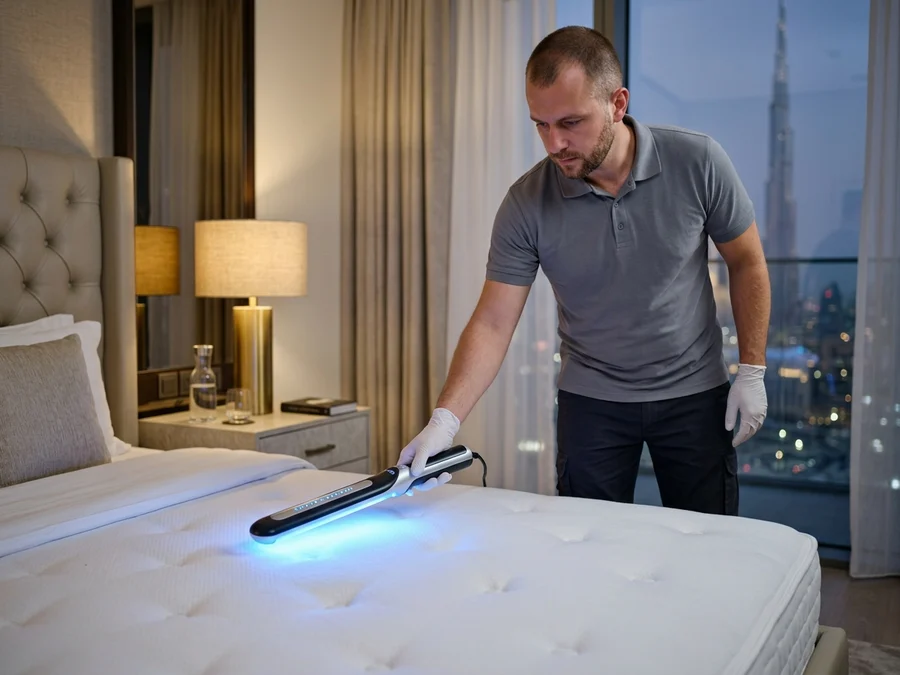 Professional mattress cleaner using UV-C light sanitizer to sterilize a white mattress in bedroom