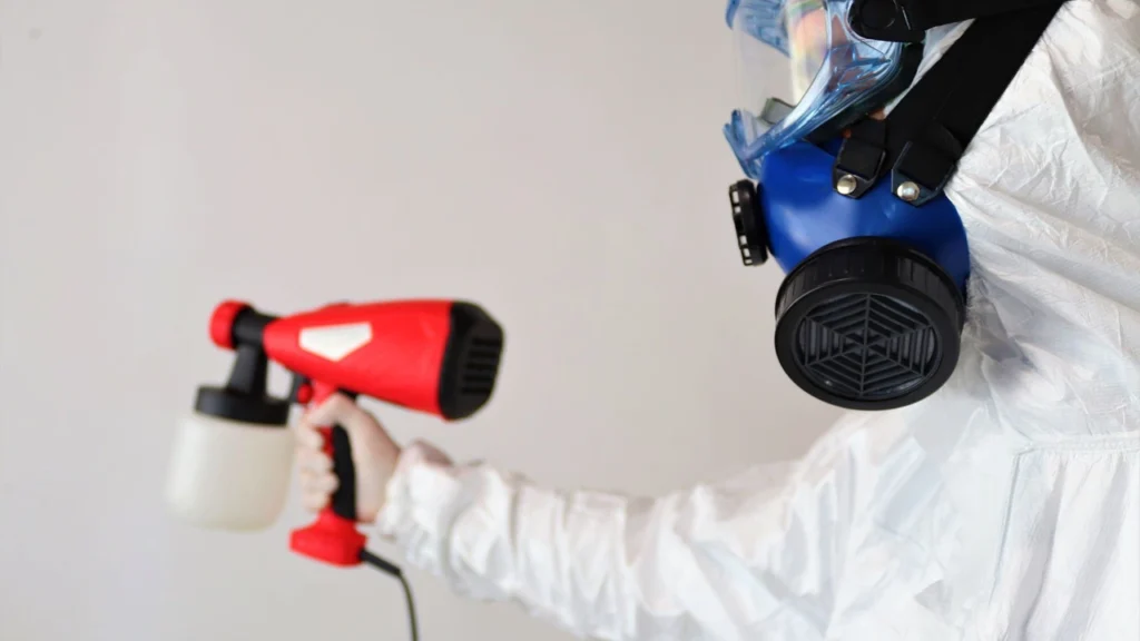 Professional mattress technician sanitizing a white mattress with a UV sanitizing machine in Dubai