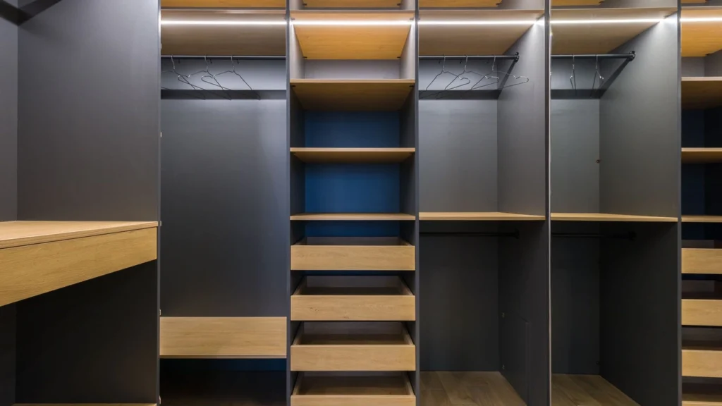 Professional move-in cleaner vacuuming empty wardrobes and closet shelves during vacant apartment cleanup