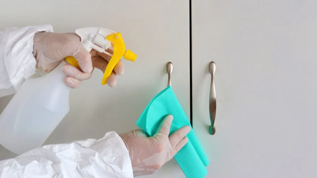 Professional cleaner wiping inside empty kitchen cabinets during move out cleaning in Dubai