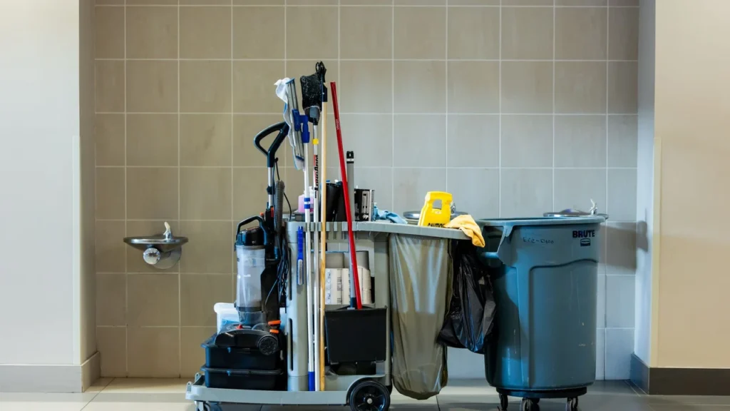 Commercial office janitor sanitizing workstations and computer keyboards with a microfiber cloth
