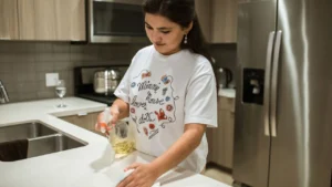 A cleaner wiping down office pantry counters and fridge door