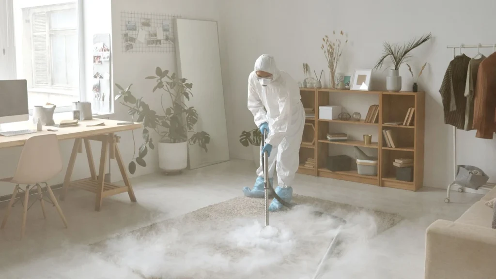 Carpet cleaning technician extracting water from an area rug with a steam wand