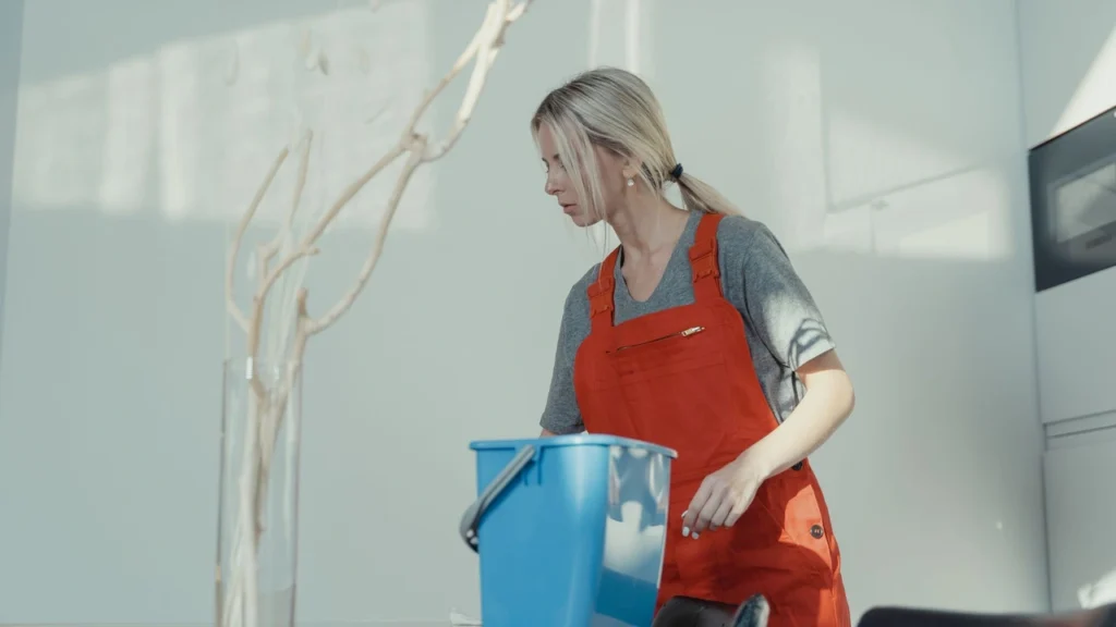 Female housekeeper dusting shelves with a soft cloth in a bright luxury bedroom