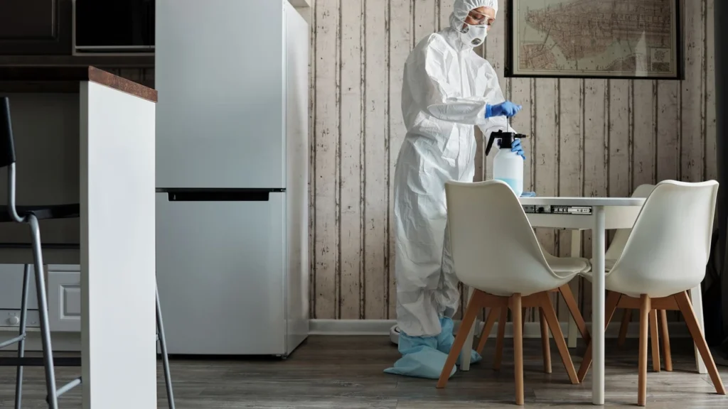 Commercial office janitor sanitizing workstations and computer keyboards with a microfiber cloth