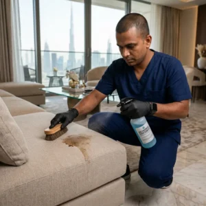 Professional sofa cleaner spraying stain remover onto a sofa cushion