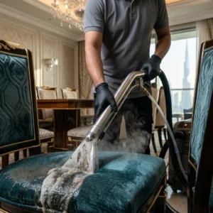 Professional sofa cleaner extracting dirt from fabric dining chairs with hand tool