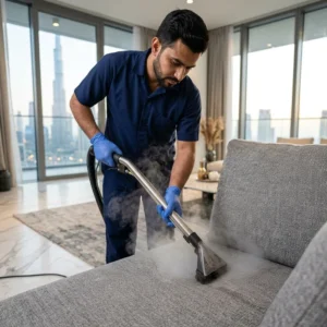 Professional sofa cleaner sanitizing sofa fabric with a dry steam wand