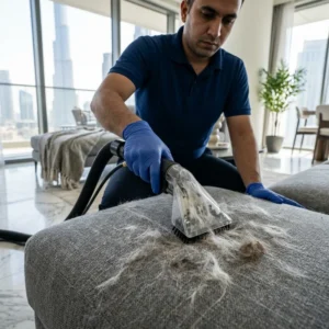 Professional sofa cleaning technician vacuuming pet hair and dander from couch cushions