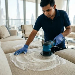 Professional sofa cleaning technician vacuuming shampoo foam from a sofa using extraction wand