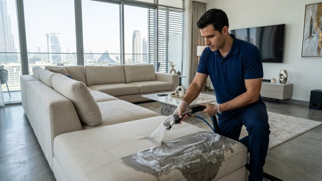 Professional technician steam cleaning a luxury fabric sofa in a living room in Dubai