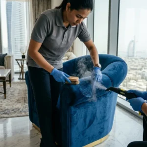 Professional sofa cleaning technician cleaning velvet chair fabric with soft specialized tool