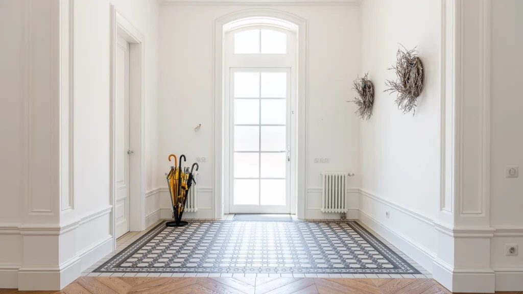 Professional villa cleaner standing inside a spotless luxury villa foyer after deep cleaning service