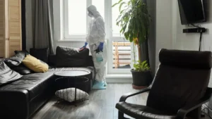 Professional technician bio-fogging a luxury villa living room in Dubai